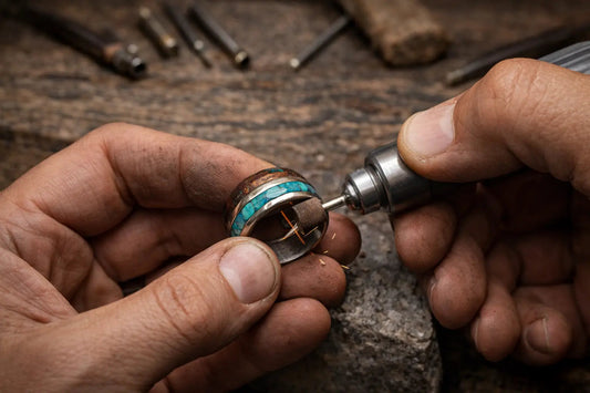 Image of a man creating a custom inlay ring with the workbench in the backgound