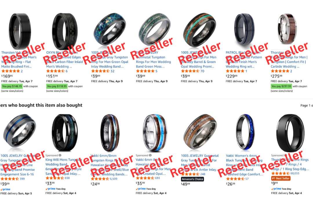 Amazon search results showing mass-produced tungsten rings sold by resellers for as little as $9.99 — not handmade | WildBeard Forge