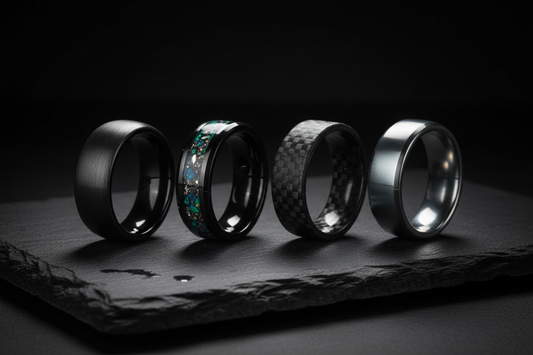 Four handcrafted wedding rings in different materials on dark slate — best material for men's wedding bands, WildBeard Legacy Co.