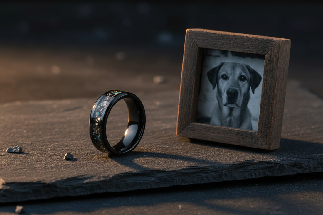Handcrafted black ceramic memorial ring beside a framed dog photo — best memorial jewelry for men, WildBeard Legacy Co., Fort Collins, CO