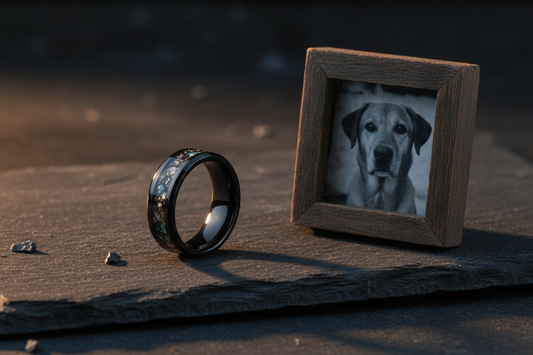 Handcrafted black ceramic memorial ring beside a framed dog photo — best memorial jewelry for men, WildBeard Legacy Co., Fort Collins, CO