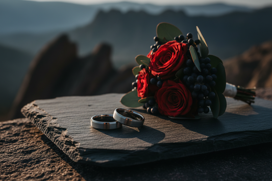 Two handcrafted tungsten wedding bands beside a floral bouquet — best places to get married in Arvada CO, WildBeard Legacy Co.