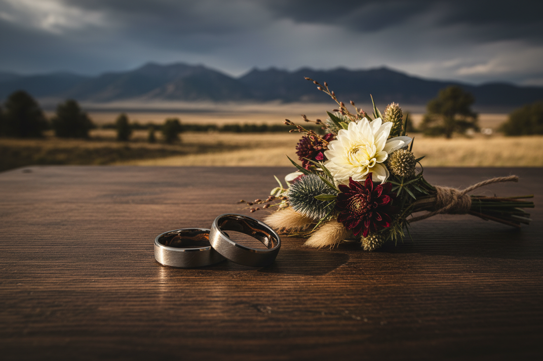Two handcrafted tungsten wedding bands beside a floral bouquet with Wyoming backdrop — best places to get married in Cheyenne WY, WildBeard Legacy Co.