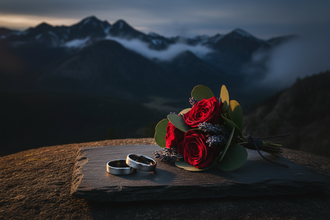 Two handcrafted tungsten wedding bands beside a floral bouquet with Wyoming mountain backdrop — best places to get married in Laramie WY, WildBeard Legacy Co