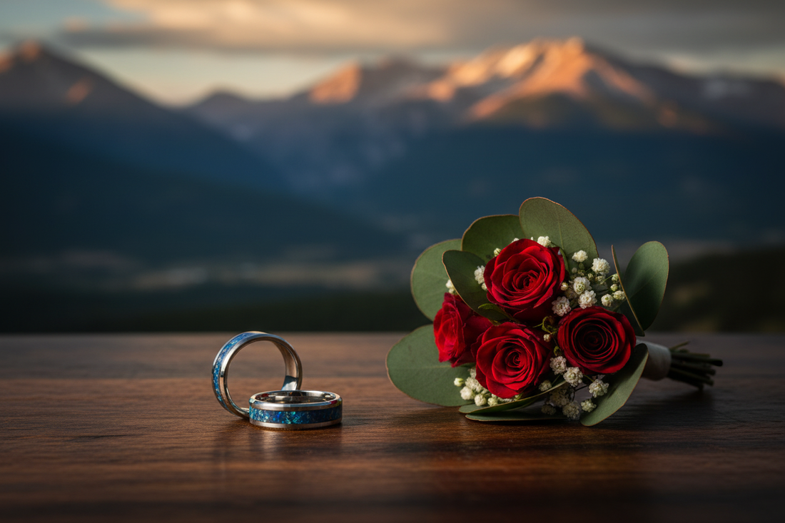 Two handcrafted wedding rings beside a bouquet with Colorado mountain backdrop — best places to get married in Longmont CO, WildBeard Legacy Co.