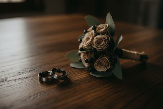 Two handcrafted tungsten wedding bands beside a floral bouquet — best places to get married in Westminster CO, WildBeard Legacy Co.