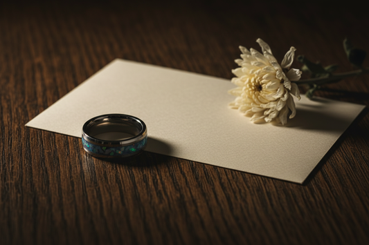 Handcrafted tungsten opal memorial ring beside a sympathy card and dried flower — meaningful sympathy gifts for men, WildBeard Legacy Co.