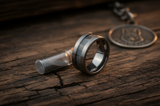 Handcrafted tungsten pet memorial ring with ash inlay resting on weathered wood — WildBeard Legacy Co., Fort Collins, CO