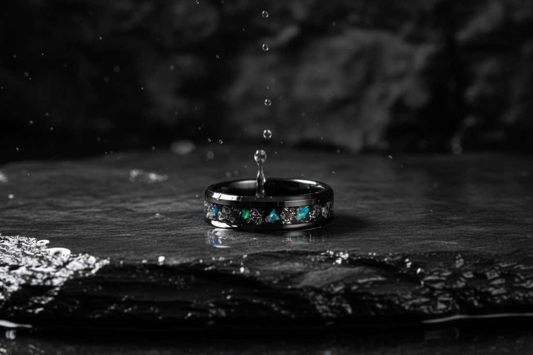 Handcrafted black ceramic memorial ring in water — waterproof cremation ash jewelry by WildBeard Legacy Co.