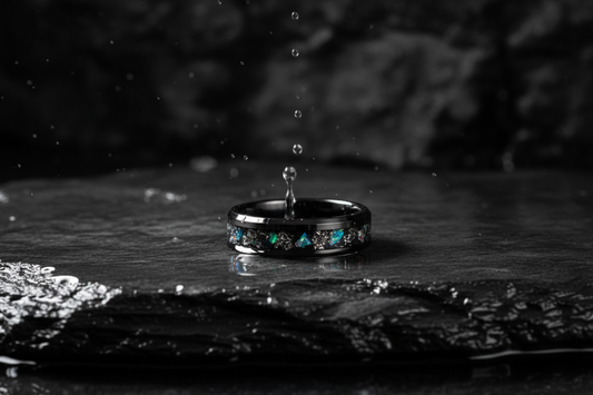 Handcrafted black ceramic memorial ring in water — waterproof cremation ash jewelry by WildBeard Legacy Co.