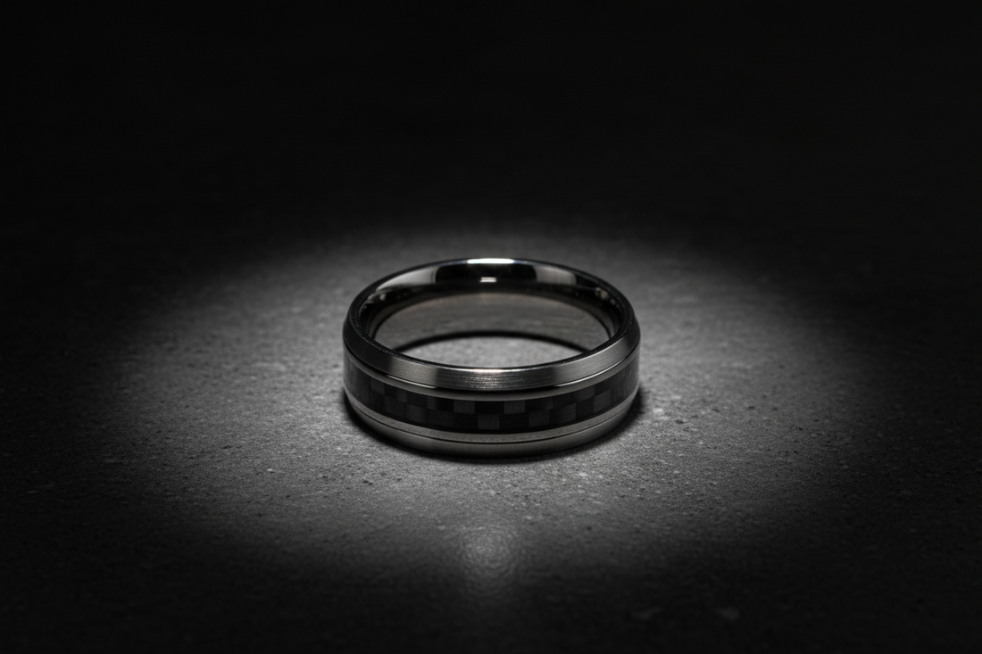 Handcrafted black ceramic ring beside raw carbon fiber weave material — carbon fiber rings by WildBeard Legacy Co., Fort Collins, CO