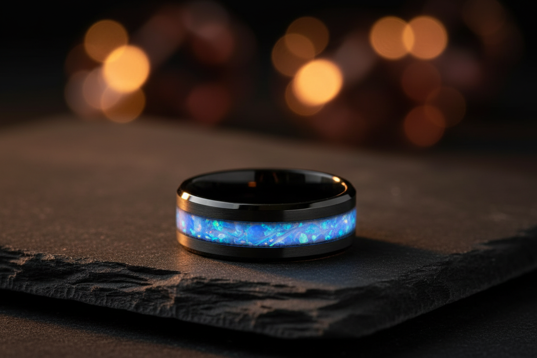 Handcrafted tungsten cremation ring with ash and opal inlay — custom memorial jewelry by WildBeard Forge