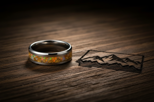  Handcrafted tungsten memorial ring beside a Colorado mountain silhouette — custom rings made in Colorado, WildBeard Legacy Co., Fort Collins, CO