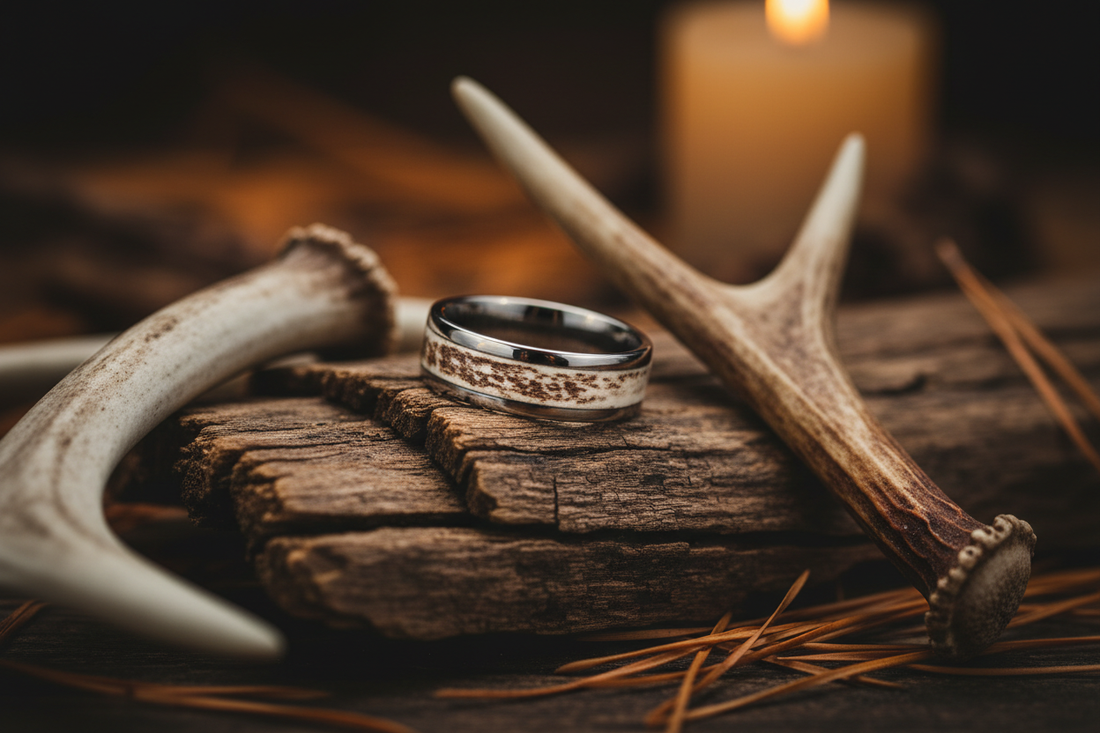Handcrafted black ceramic meteorite ring beside raw deer antler — deer antler rings by WildBeard Legacy Co., Fort Collins, CO