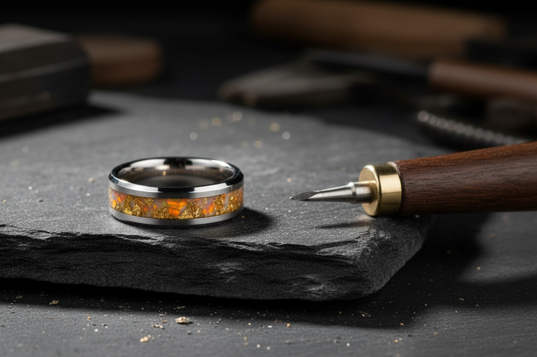 Handcrafted tungsten memorial ring beside an engraving tool — custom engraved memorial jewelry by WildBeard Legacy Co., Fort Collins, CO