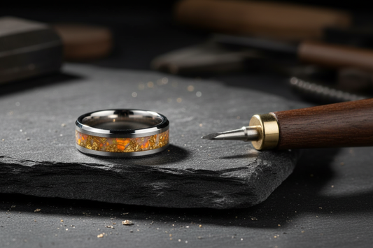 Handcrafted tungsten memorial ring beside an engraving tool — custom engraved memorial jewelry by WildBeard Legacy Co., Fort Collins, CO