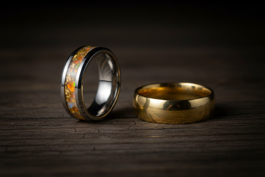 Handcrafted tungsten memorial ring beside a plain gold band — unique wedding ring ideas for men, WildBeard Legacy Co., Fort Collins, CO