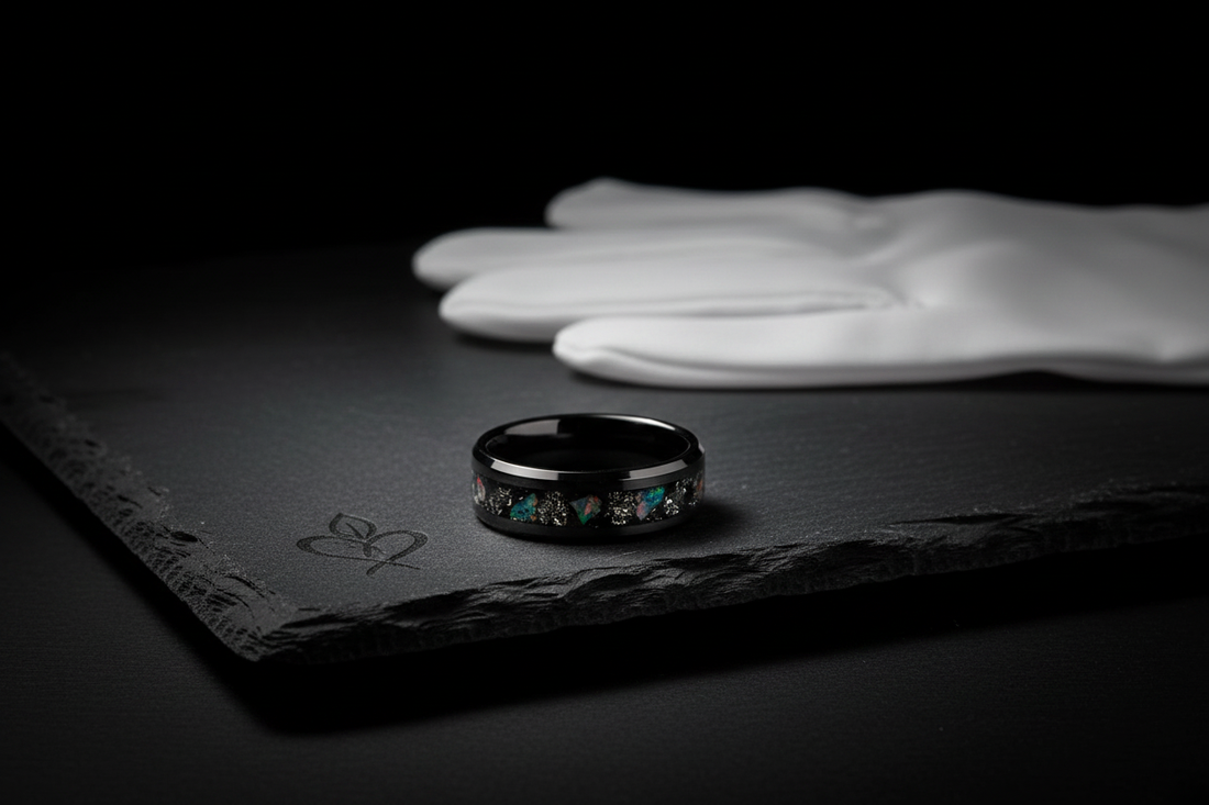 Handcrafted black ceramic memorial ring beside white gloves — ethical handling of cremation ashes, WildBeard Legacy Co.