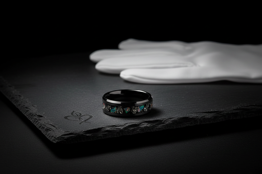 Handcrafted black ceramic memorial ring beside white gloves — ethical handling of cremation ashes, WildBeard Legacy Co.
