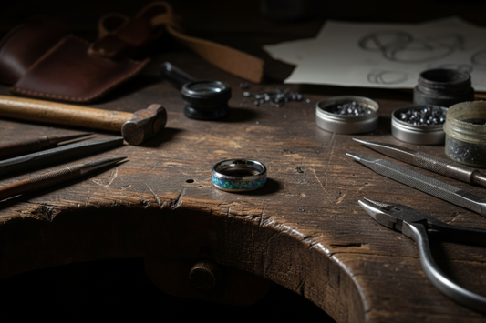 Handcrafted tungsten opal ring on a jeweler's workbench — custom wedding rings for men, WildBeard Legacy Co., Fort Collins, CO