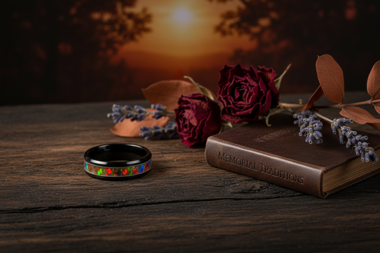 Handcrafted black ceramic opal ring beside a memorial traditions book and dried flowers — WildBeard Legacy Co., Fort Collins, CO