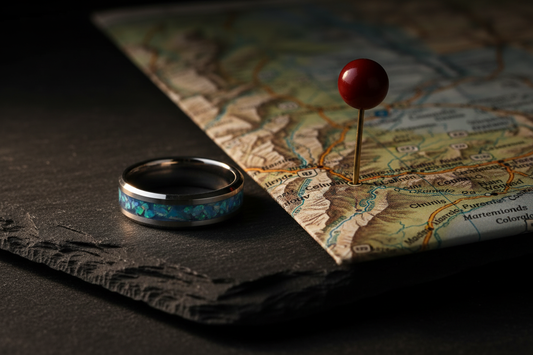 Handcrafted tungsten opal ring beside a Colorado map pin — where to buy custom wedding rings, WildBeard Legacy Co., Fort Collins, CO