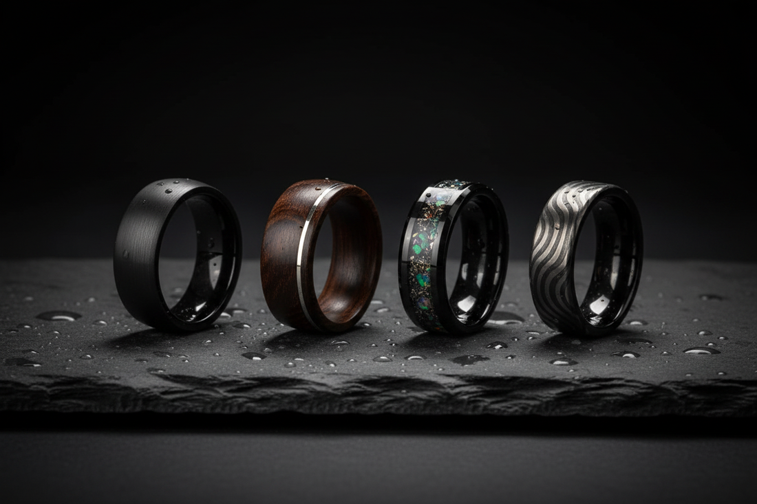 Four handcrafted wedding rings in different materials on dark slate — best material for men's wedding bands, WildBeard Legacy Co.