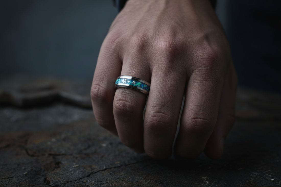 Handcrafted tungsten opal ring worn on a man's hand — personalized wedding bands for men, WildBeard Legacy Co.