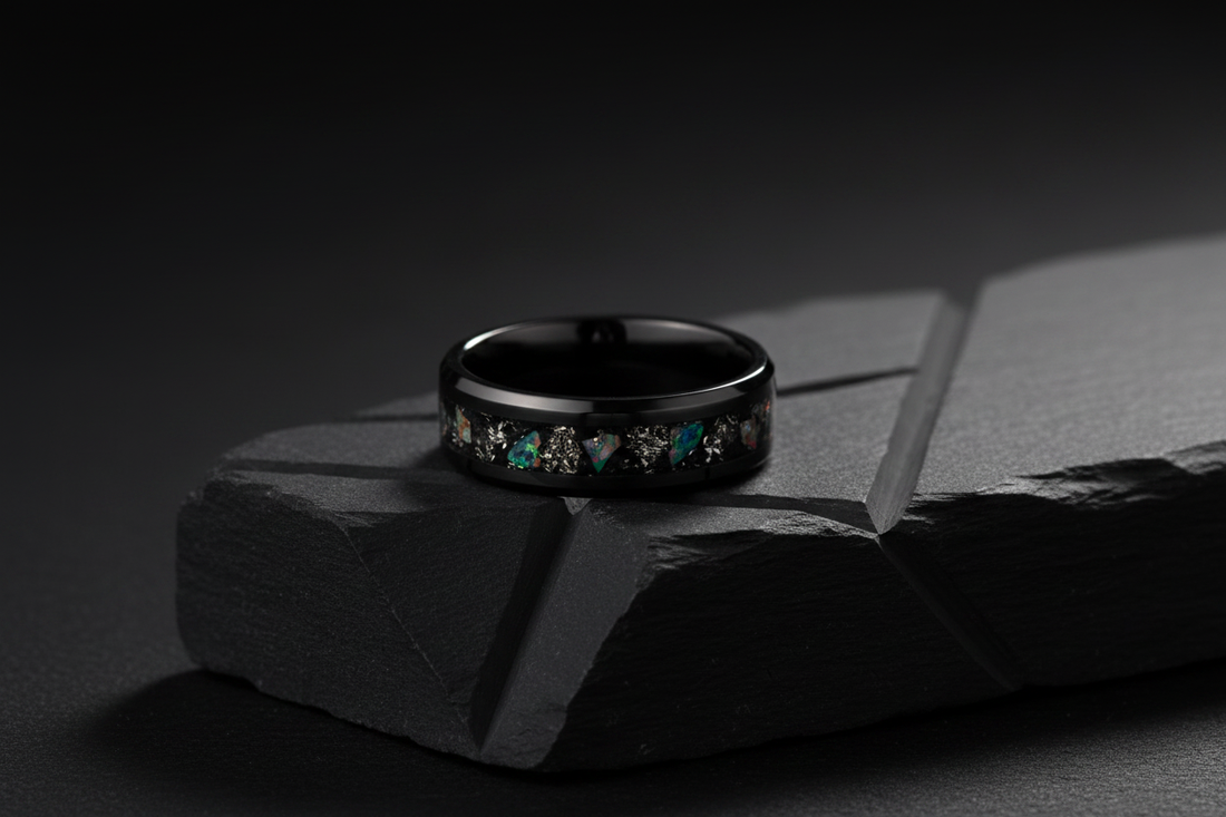 Handcrafted black ceramic opal ring on dark slate — modern wedding bands for men, WildBeard Legacy Co., Fort Collins, CO