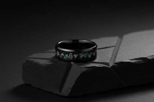 Handcrafted black ceramic opal ring on dark slate — modern wedding bands for men, WildBeard Legacy Co., Fort Collins, CO