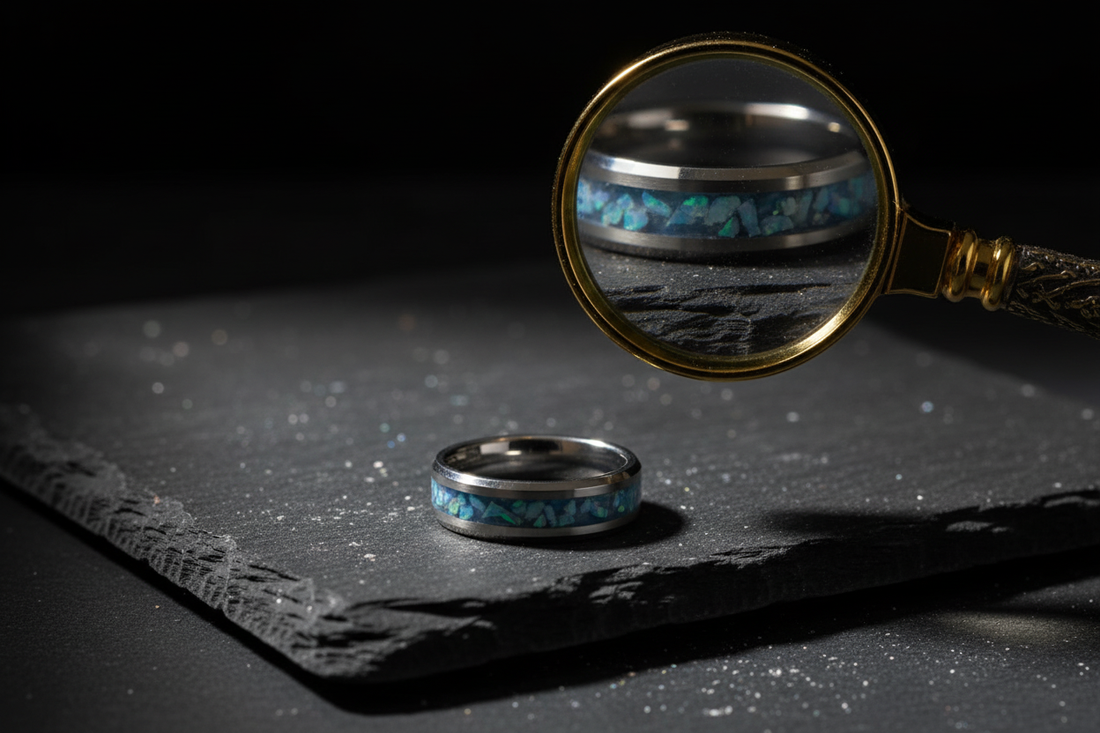 Handcrafted tungsten opal ring with magnifying glass showing ash inlay — what happens to ashes in jewelry over time, WildBeard Legacy Co.