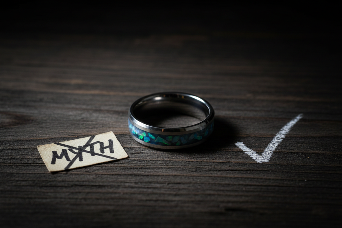 Handcrafted tungsten opal ring — cremation jewelry myths debunked by WildBeard Legacy Co.