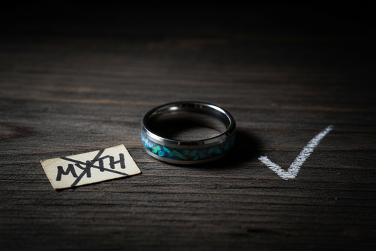 Handcrafted tungsten opal ring — cremation jewelry myths debunked by WildBeard Legacy Co.