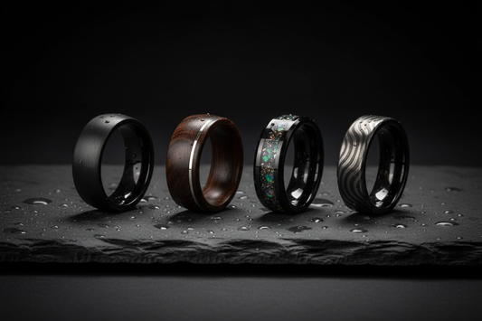 Four handcrafted wedding rings in different materials on dark slate — best material for men's wedding bands, WildBeard Legacy Co.