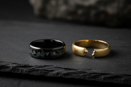 Handcrafted black ceramic opal ring beside a broken plain band — non-traditional wedding rings by WildBeard Legacy Co.