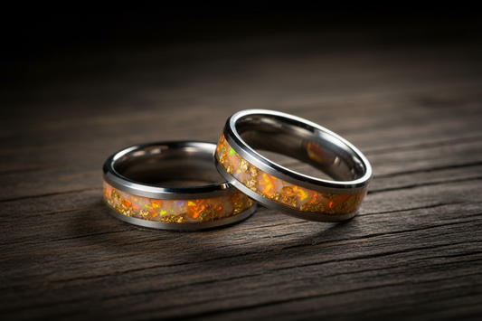 Two matching handcrafted tungsten wedding rings on dark wood — matching wedding rings for couples, WildBeard Legacy Co.