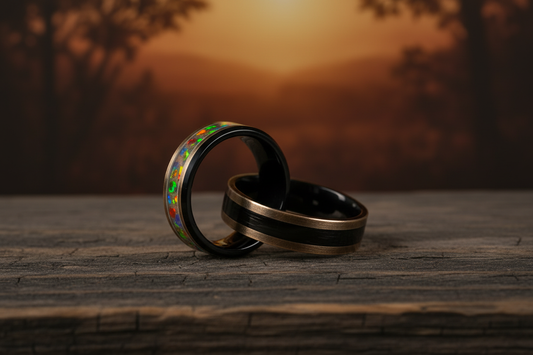 Two handcrafted rings interlinked on dark wood — custom couple rings handmade by WildBeard Legacy Co.