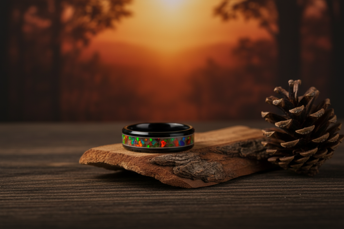 Handcrafted black ceramic opal ring beside raw wood and pine cone — rustic wedding ring ideas, WildBeard Legacy Co.