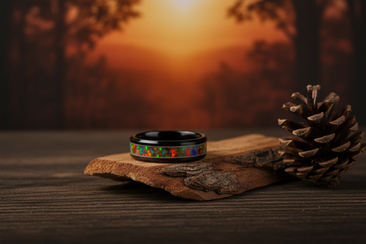 Handcrafted black ceramic opal ring beside raw wood and pine cone — rustic wedding ring ideas, WildBeard Legacy Co.