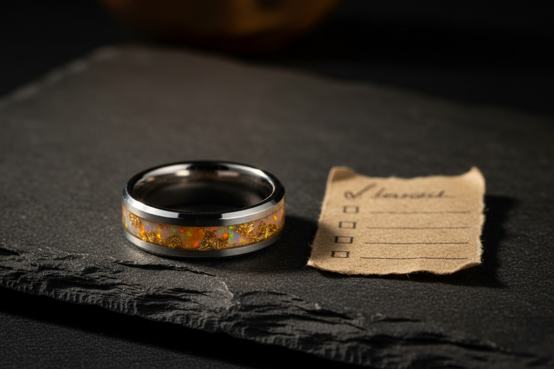Handcrafted tungsten memorial ring beside a checklist — how to choose a memorial keepsake, WildBeard Legacy Co.