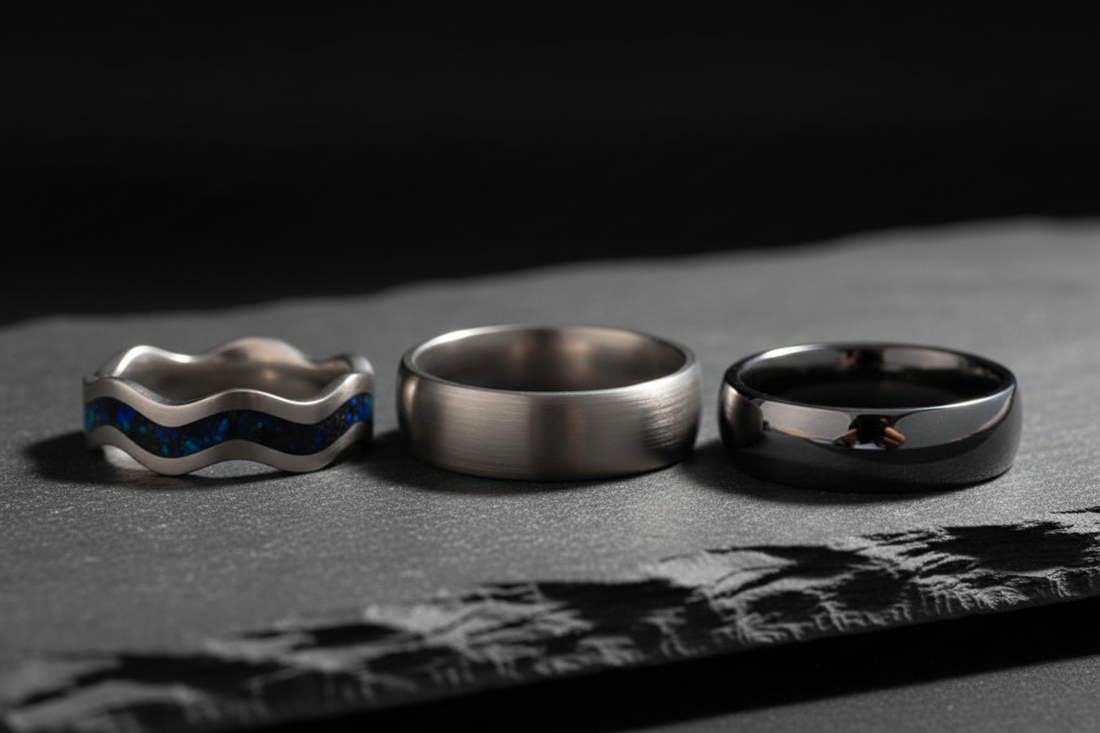 Handcrafted titanium and tungsten wedding rings side by side — titanium vs tungsten comparison, WildBeard Legacy Co., Fort Collins, CO
