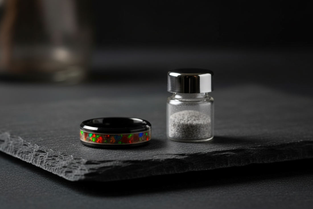 Handcrafted black ceramic opal ring beside a sealed ash container — how to preserve ashes safely, WildBeard Legacy Co., Fort Collins, CO