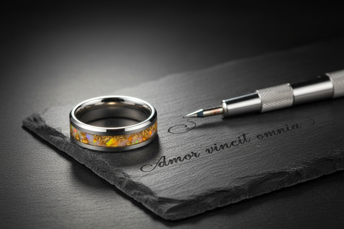 Handcrafted tungsten ring beside an engraving tool — custom engraved wedding rings, WildBeard Legacy Co., Fort Collins, CO