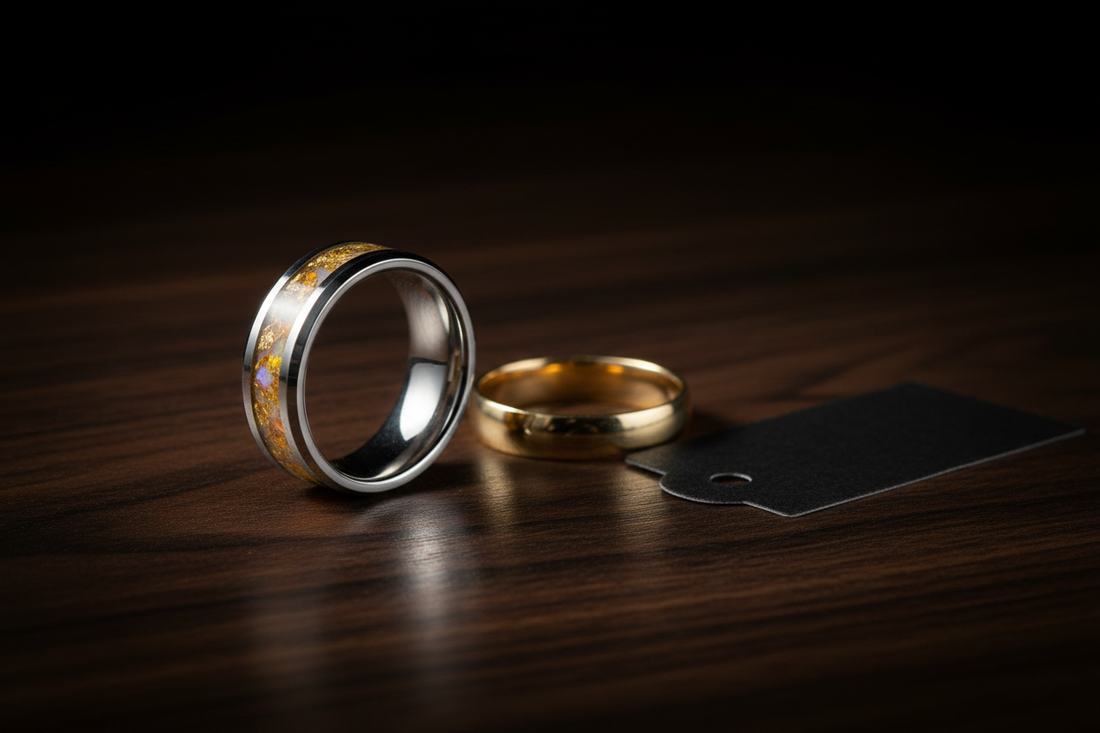 Handcrafted tungsten ring beside a plain gold band — are custom wedding rings worth it, WildBeard Legacy Co.