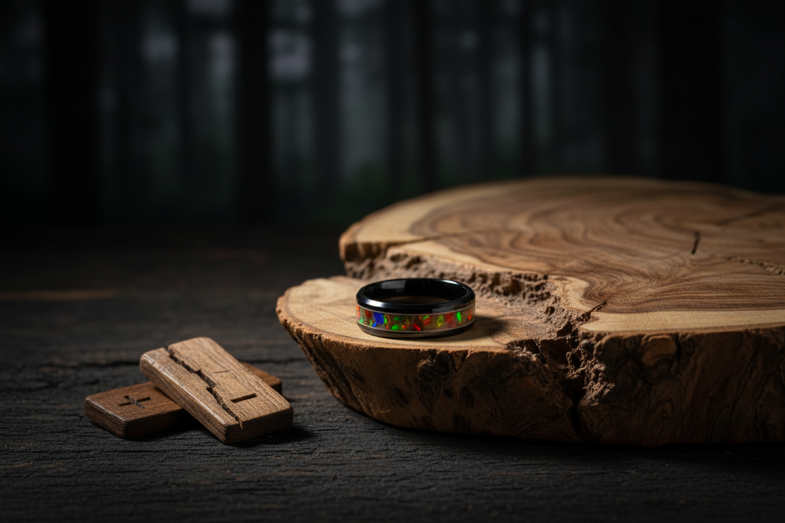 Handcrafted black ceramic opal ring beside natural wood grain — pros and cons of wood inlay rings, WildBeard Legacy Co.