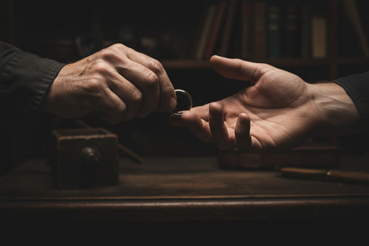 Handcrafted tungsten heirloom ring passed between hands — generational legacy memorial jewelry by WildBeard Legacy Co., Fort Collins, CO