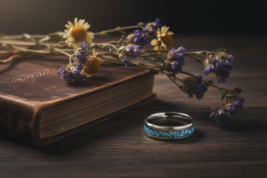 Handcrafted tungsten opal ring beside a leather journal — grief and remembrance memorial jewelry, WildBeard Legacy Co.