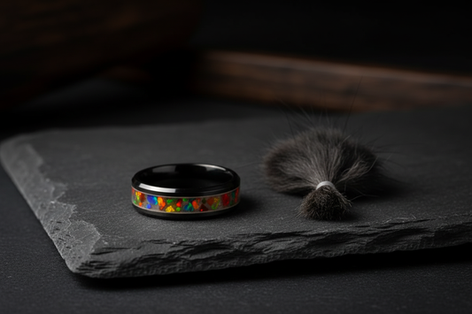 Handcrafted black ceramic opal ring beside pet fur — hair and fur memorial jewelry by WildBeard Legacy Co.
