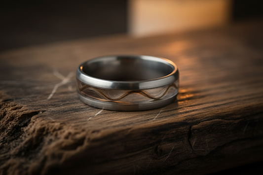 Handcrafted titanium hair memorial ring with human hair preserved in clear resin inlay resting on aged dark wood — WildBeard Legacy Co., Fort Collins, CO
