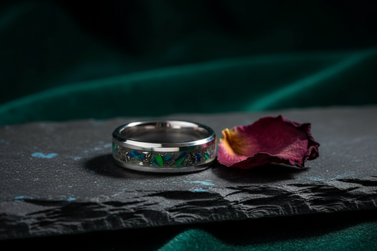 Handcrafted black ceramic meteorite ring on dark slate — healing keepsake memorial jewelry by WildBeard Legacy Co.